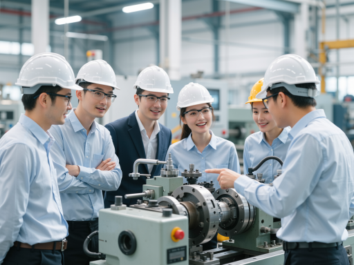 某制造业企业培训现场，工程师正在参加智能制造培训，工业机器人演示，小组讨论场景