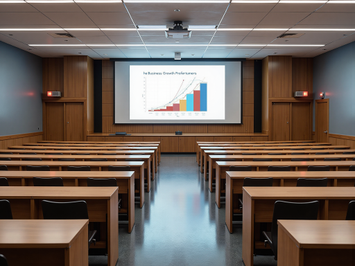 森职科技新课程发布会现场，现代化会议厅，观众席坐满，大屏幕上显示课程介绍